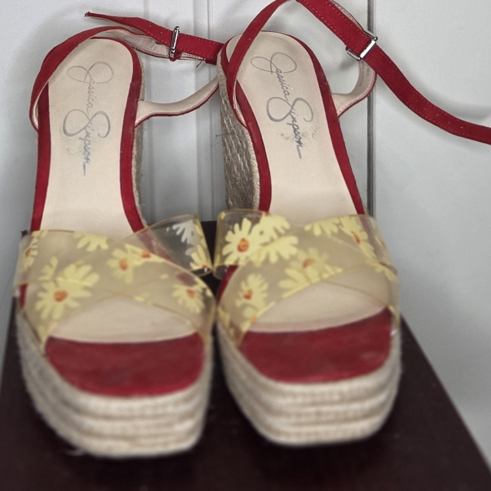 Jessica Simpson Red and Yellow Espadrille Wedges